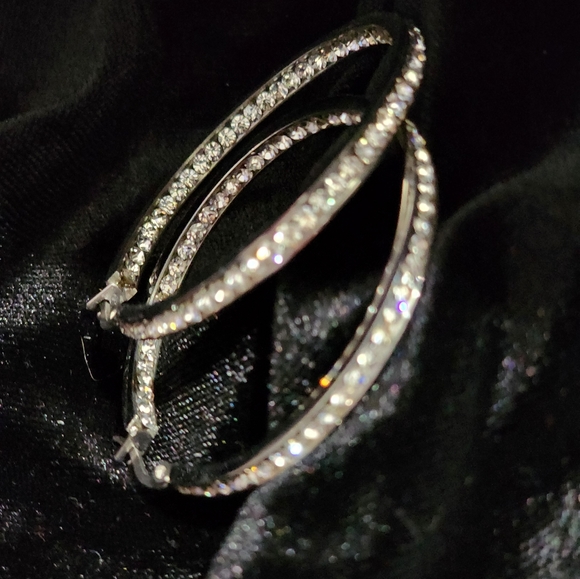 Stainless Steel In & Out Diamond Hoop Earrings - Picture 2 of 9